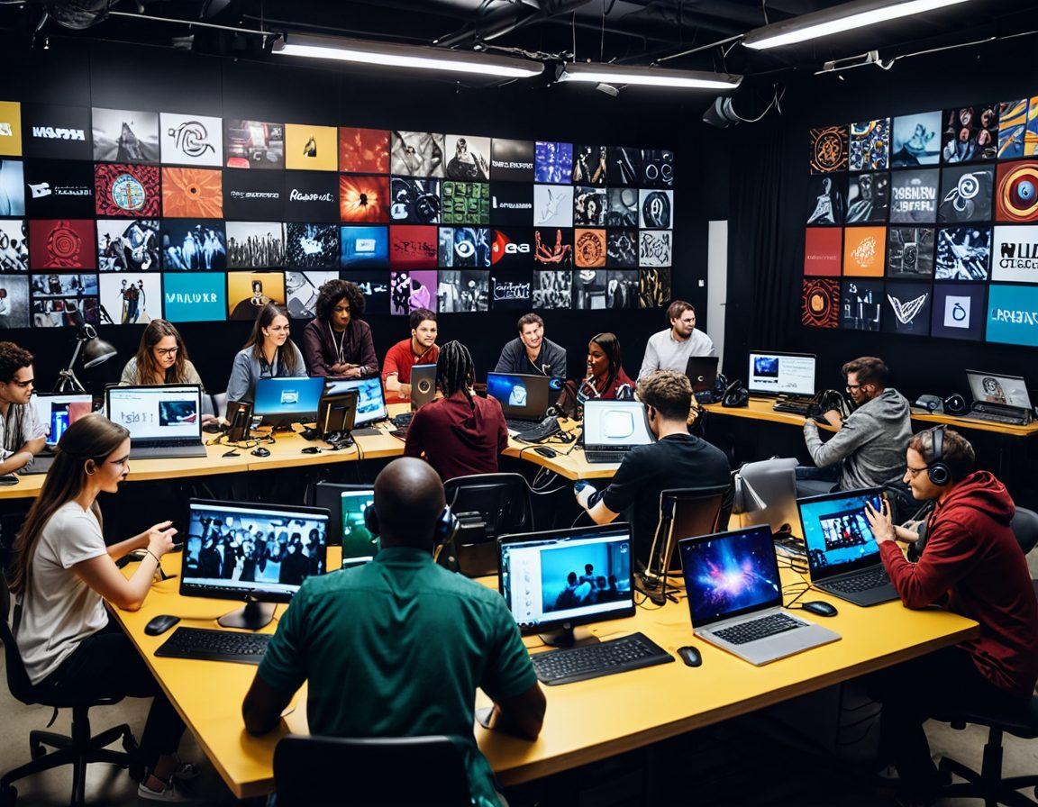 A dynamic scene depicting a diverse group of creators working collaboratively on content creation, showcasing various tools like cameras, microphones, and laptops. The background features vibrant lifestyle and entertainment elements, such as film reels, social media icons, and artistic sketches. Bright, engaging colors enhance the lively atmosphere of innovation and creativity. super-realistic. vibrant colors.