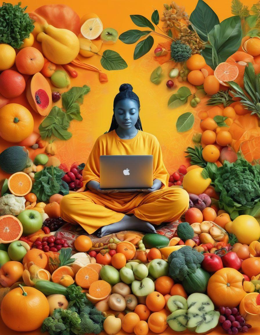 A vibrant collage showcasing the interconnected themes of wellness, culture, and blogging. Include elements like meditation, healthy food, cultural symbols, and a laptop with a blog displayed on the screen. Use a warm color palette to evoke positivity and inspiration. The background should hint at a variety of cultures and trends with abstract patterns. vivid colors. digital art.