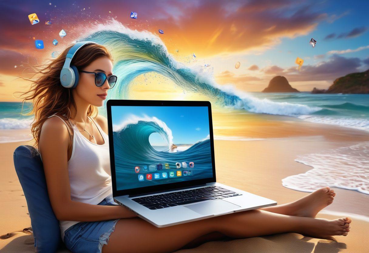 A dynamic collage representing digital lifestyle trends, featuring a modern blogger using a laptop surrounded by elements like social media icons, streaming devices, and vibrant entertainment symbols. Incorporate a beach wave pattern in the background to symbolize 'embracing the digital wave.' Use bright, engaging colors that evoke a sense of innovation and creativity. super-realistic. vibrant colors.